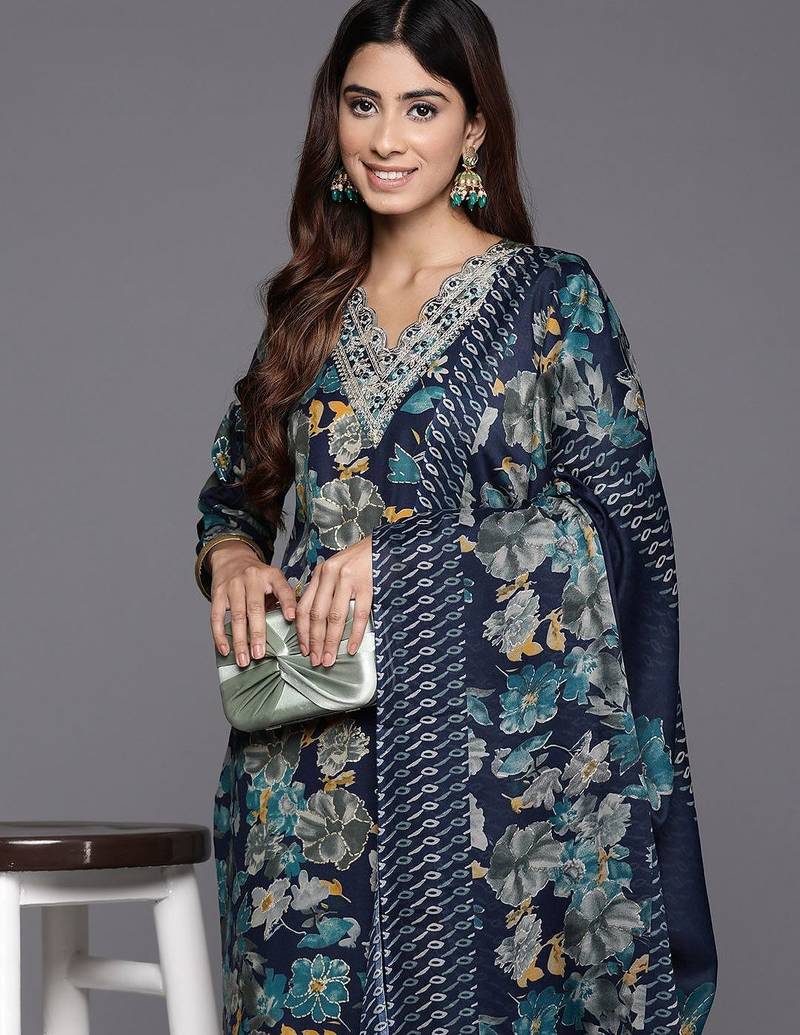 Blue floral printed silk blend kurta trouser dupatta set