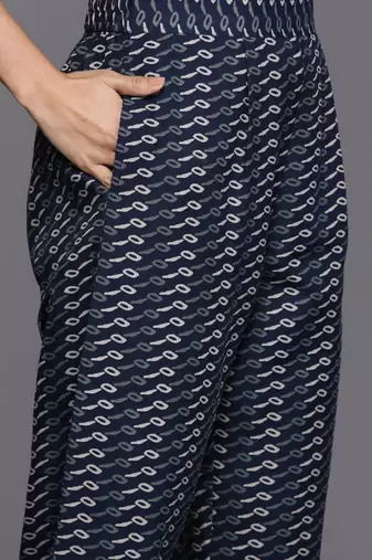 Blue floral printed silk blend kurta trouser dupatta set