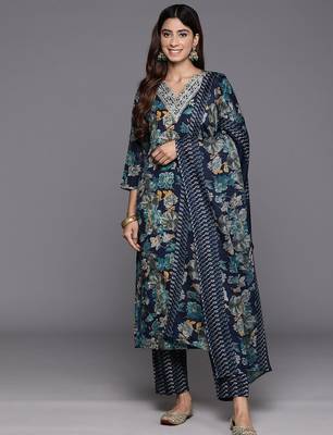 Blue floral printed silk blend kurta trouser dupatta set 4