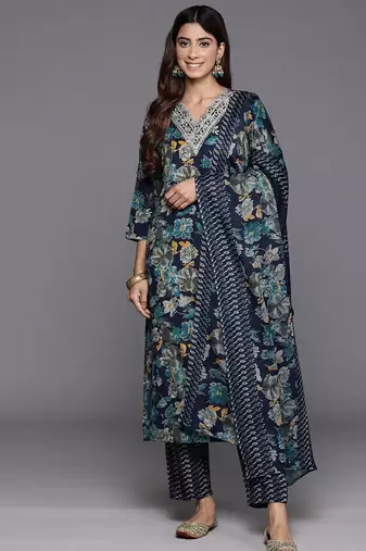 Blue floral printed silk blend kurta trouser dupatta set
