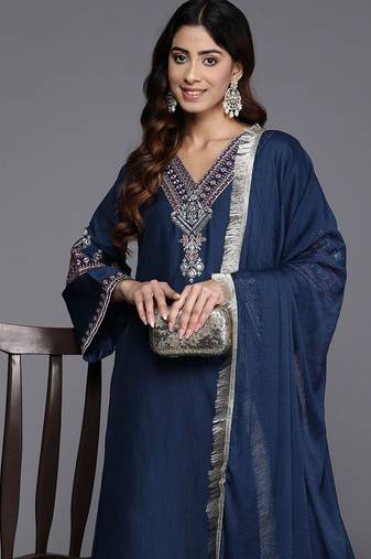 Navy blue floral embroidered silk blend kurta trouser dupatta set