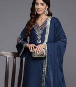 Navy blue floral embroidered silk blend kurta trouser dupatta set