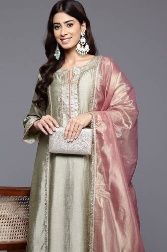 Green floral embroidered silk blend kurta palazzo dupatta set