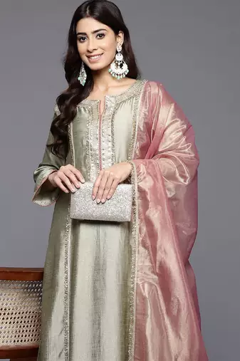 Green floral embroidered silk blend kurta palazzo dupatta set