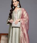 Green floral embroidered silk blend kurta palazzo dupatta set