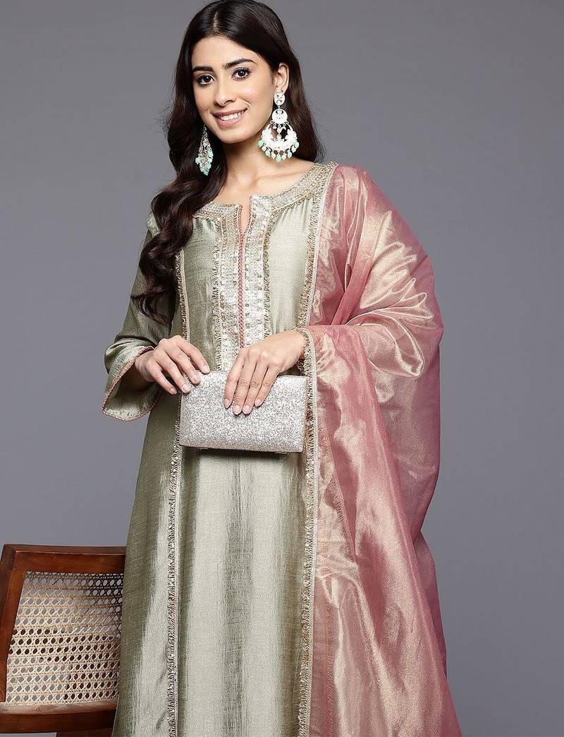 Green floral embroidered silk blend kurta palazzo dupatta set