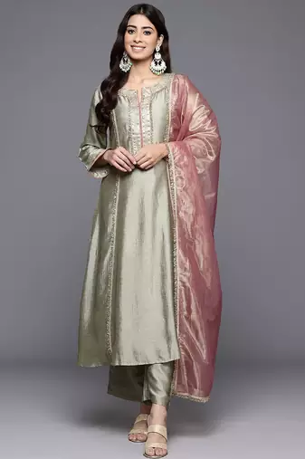 Green floral embroidered silk blend kurta palazzo dupatta set