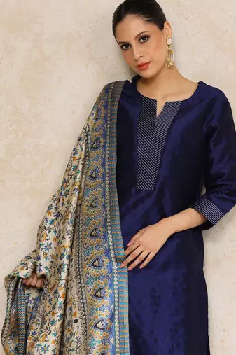 Navy blue floral printed silk blend kurta trouser dupatta set