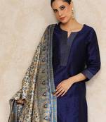 Navy blue floral printed silk blend kurta trouser dupatta set