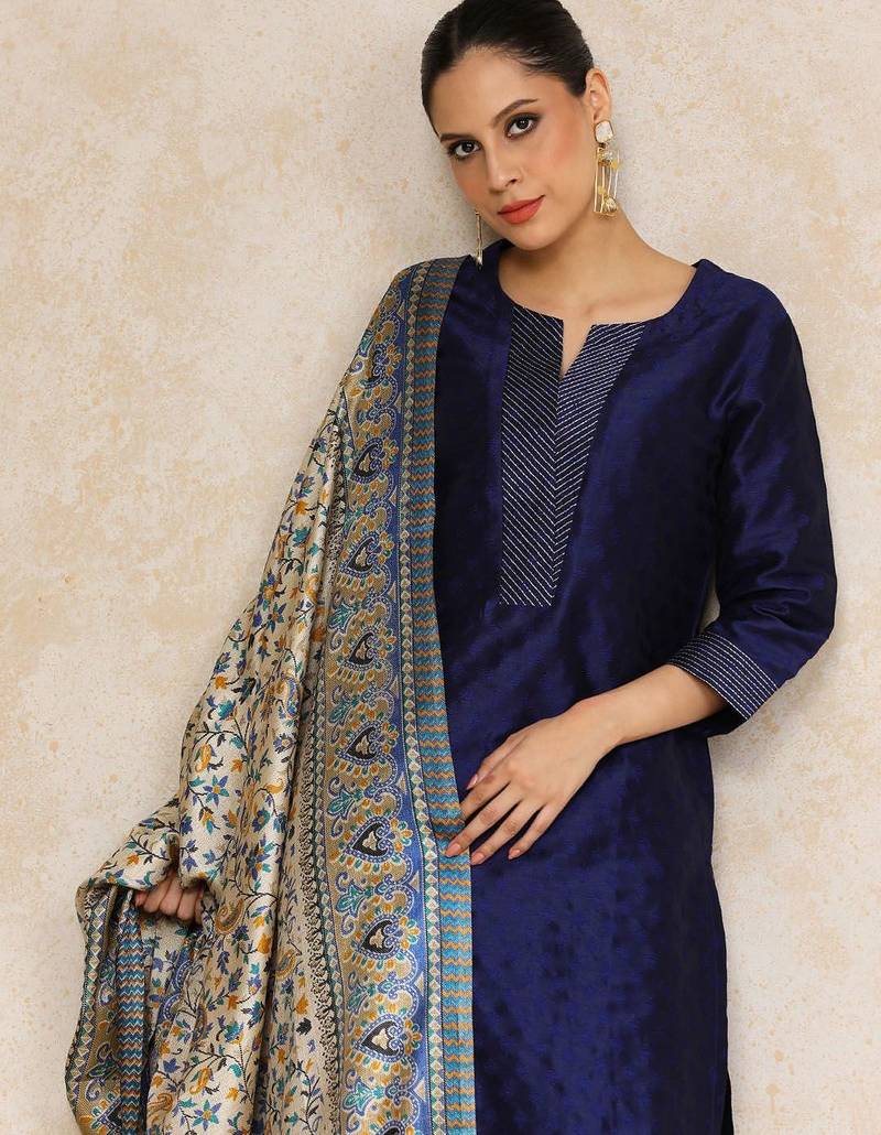 Navy blue floral printed silk blend kurta trouser dupatta set