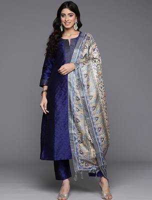 Navy blue floral printed silk blend kurta trouser dupatta set 2