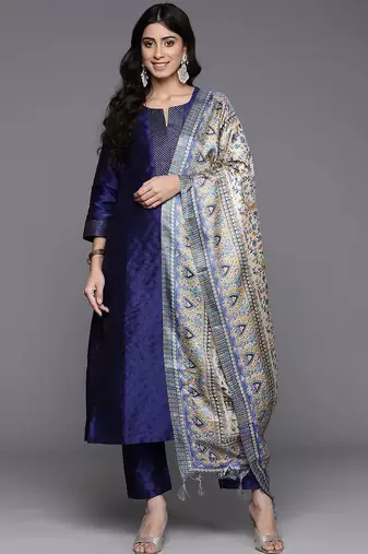 Navy blue floral printed silk blend kurta trouser dupatta set