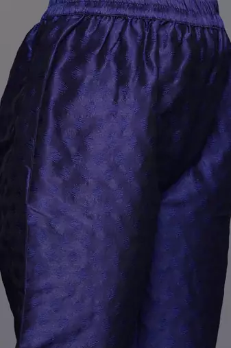 Navy blue floral printed silk blend kurta trouser dupatta set