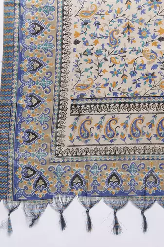 Navy blue floral printed silk blend kurta trouser dupatta set
