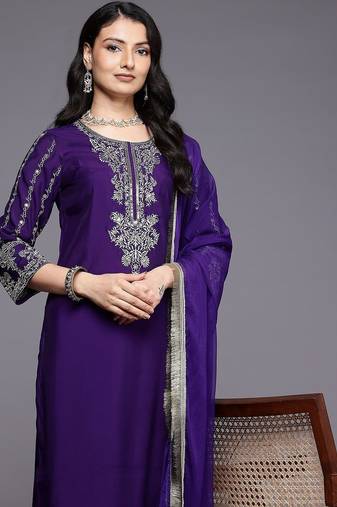 Navy blue floral embroidered silk blend kurta trouser dupatta set