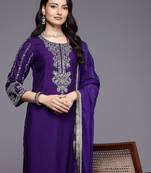Navy blue floral embroidered silk blend kurta trouser dupatta set