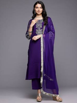 Navy blue floral embroidered silk blend kurta trouser dupatta set 4
