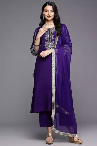 Navy blue floral embroidered silk blend kurta trouser dupatta set