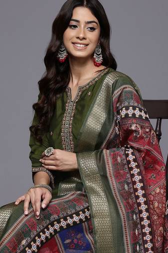 Olive floral embroidered silk blend kurta trouser dupatta set