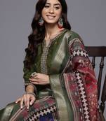 Olive floral embroidered silk blend kurta trouser dupatta set