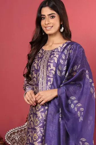 Purple floral printed cfloraleri silk kurta trouser dupatta set