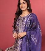 Purple floral printed cfloraleri silk kurta trouser dupatta set