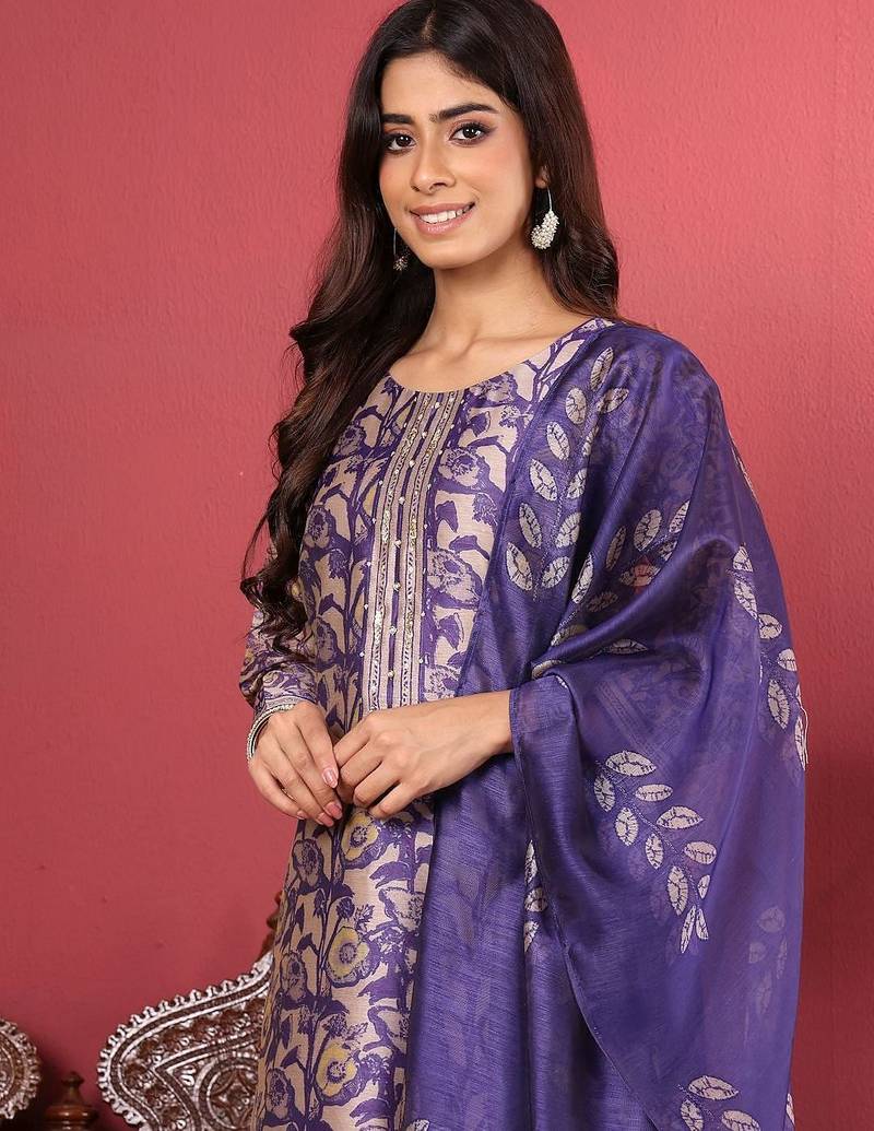 Purple floral printed cfloraleri silk kurta trouser dupatta set