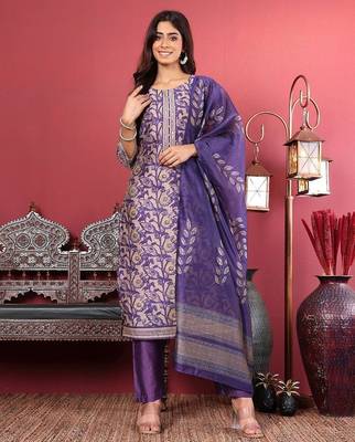 Purple floral printed cfloraleri silk kurta trouser dupatta set 2