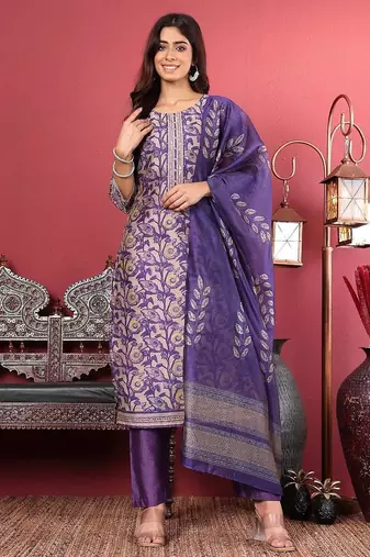 Purple floral printed cfloraleri silk kurta trouser dupatta set
