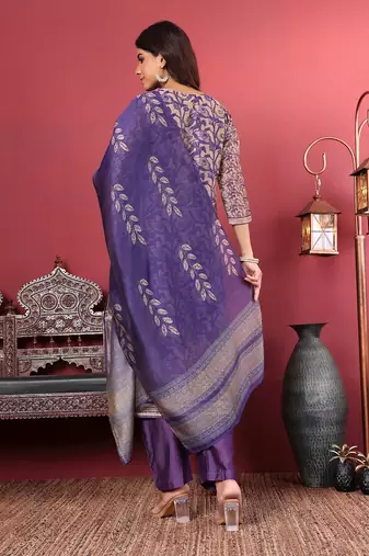 Purple floral printed cfloraleri silk kurta trouser dupatta set