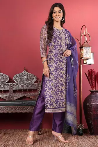 Purple floral printed cfloraleri silk kurta trouser dupatta set