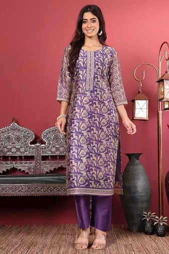 Purple floral printed cfloraleri silk kurta trouser dupatta set