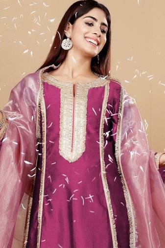 Purple floral embroidered silk blend kurta trouser dupatta set