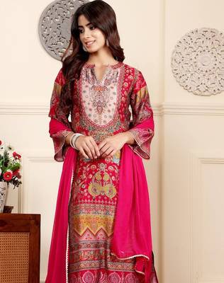 Pink floral printed cfloraleri silk kurta trouser dupatta set 1