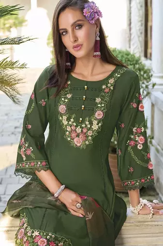 Green floral embroidered cotton kurta trouser dupatta set