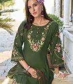 Green floral embroidered cotton kurta trouser dupatta set