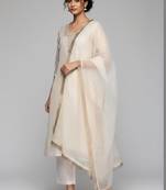 Off white floral embroidered silk blend kurta trouser dupatta set