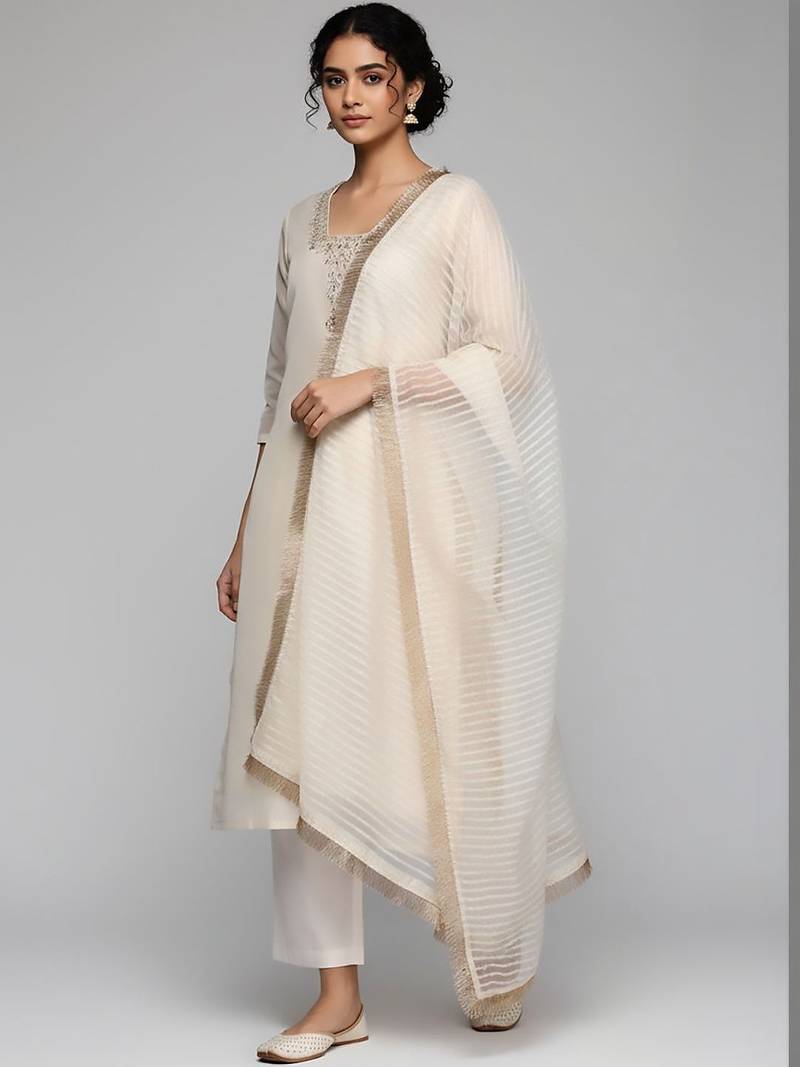 Off white floral embroidered silk blend kurta trouser dupatta set