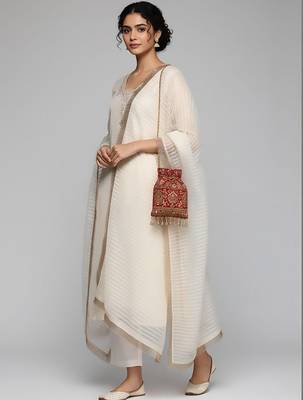 Off white floral embroidered silk blend kurta trouser dupatta set 5