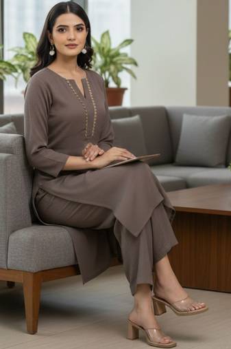 Brown floral printed silk blend kurta trouser set