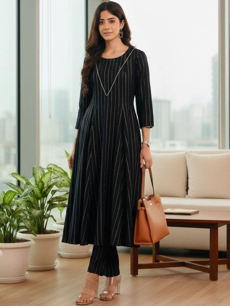 Black floral printed silk blend kurta trouser set