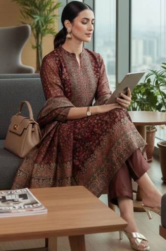 Maroon floral printed cfloraleri silk kurta trouser dupatta set