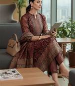 Maroon floral printed cfloraleri silk kurta trouser dupatta set