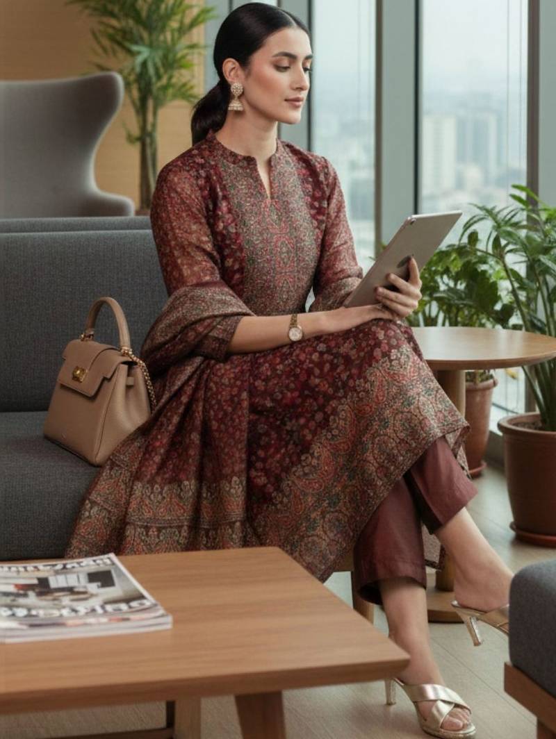 Maroon floral printed cfloraleri silk kurta trouser dupatta set