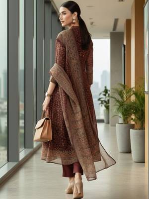 Maroon floral printed cfloraleri silk kurta trouser dupatta set 2