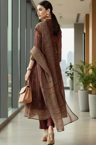Maroon floral printed cfloraleri silk kurta trouser dupatta set