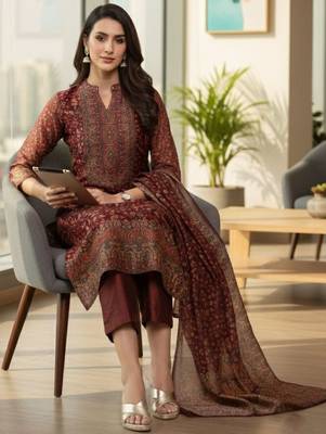 Maroon floral printed cfloraleri silk kurta trouser dupatta set 3