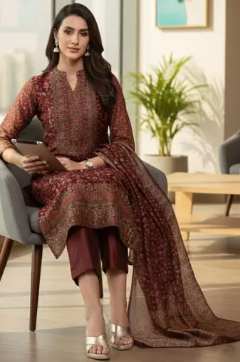 Maroon floral printed cfloraleri silk kurta trouser dupatta set