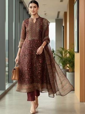 Maroon floral printed cfloraleri silk kurta trouser dupatta set 5