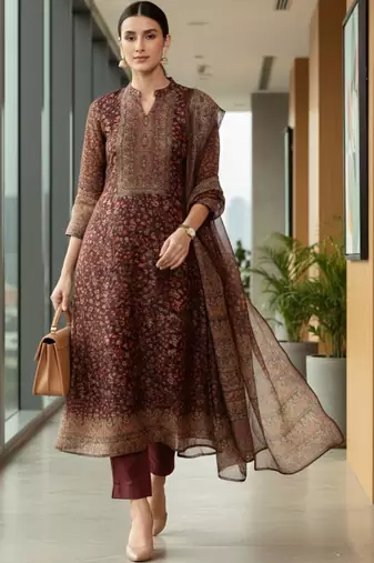 Maroon floral printed cfloraleri silk kurta trouser dupatta set